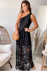Black Lace One Shoulder Maxi Dress
