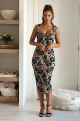 Black And Light Taupe Floral Lace Midi Dress
