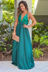 Hunter Green V Neck Sequin Top Maxi Dress
