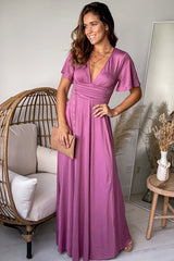 Mauve V Neck Maxi Dress With Short Sleeves