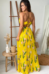Yellow Floral Pleated Maxi Dress