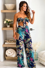 Navy Printed Smocked Top and Pants Set