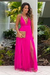 Fuchsia Tulle V Neck Maxi Dress With Slits