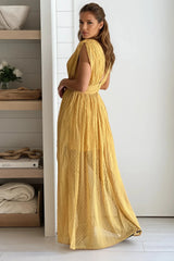 Mustard Swiss Dot V Neck Maxi Dress