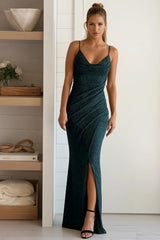 Hunter Green Glitter Pleated Wrap Maxi Dress