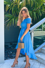 Blue Off Shoulder High Low Dress