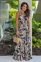 Navy Printed Maxi Dress With Tie Back