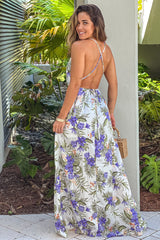 Purple Floral Halter Neck Maxi Dress With Slit