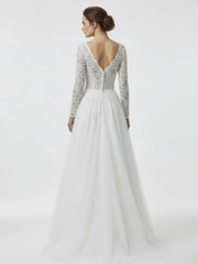 Bohemian Long Sleeves Lace Button Back A Line Modest Wedding Dresses
