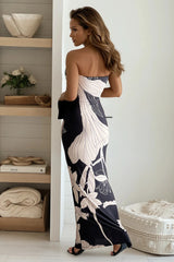 Black And Taupe Printed Tube Maxi Dress