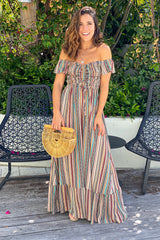 Multicolor Smocked Off Shoulder Maxi Dress