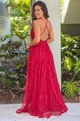 Red Sequin Striped Tulle Maxi Dress