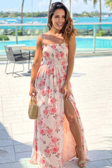 Cream Floral Smocked Top Maxi Dress With Slit