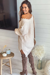 Cream Frayed V Neck Sweater Dress