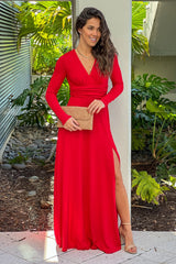 Red V Neck Maxi Dress With Slit