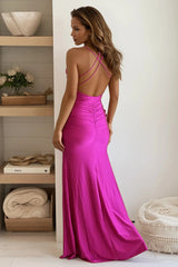Magenta Ruched Maxi Dress With Slit