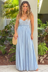 Light Blue Crochet Top Maxi Dress With Open Back and Frayed Hem