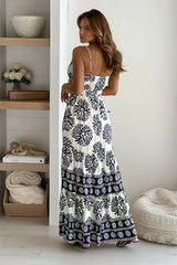 Ivory And Navy Printed Maxi Dress With Cut Outs