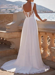 A Line Square Neckline Sleeveless Chiffon Wedding Dresses With High Split