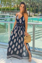 Navy Printed Maxi Dress With Crochet Trim