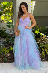 Lavender And Blue Ruffled Mesh Maxi Dress
