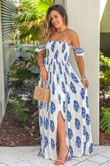 Off White Printed Off Shoulder Maxi Dress With Slit