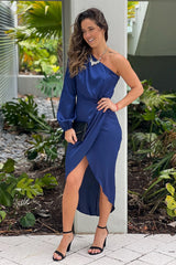 Navy One Shoulder Satin Midi Dress