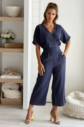 Navy Striped V Neck Jumpsuit