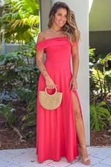 Rose Off Shoulder Maxi Dress With Slit