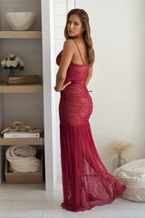Red And Nude Lace Maxi Dress