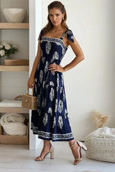 Navy Printed Smocked Top Midi Dress