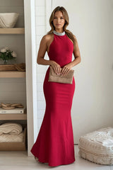 Red Rhinestone Halter Backless Maxi Dress
