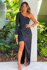 Black One Shoulder Maxi Dress With Tie