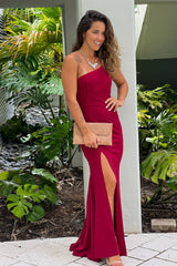 Burgundy One Shoulder Maxi Dress With Slit