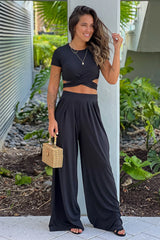 Black Criss Cross Crop Top And Pants Set