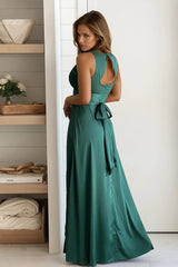 Green V Neck Satin Maxi Dress
