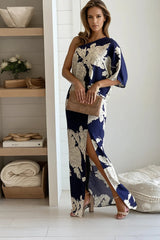 Navy And Cream Printed One Shoulder Dress