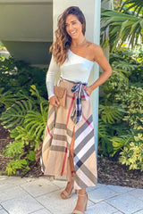 White And Mocha Plaid Midi Dress