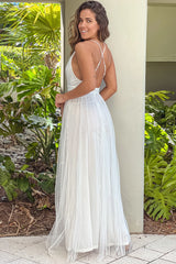 White Tulle V Neck Maxi Dress With Slits