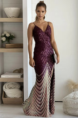Maroon Ombre Sequin Maxi Dress