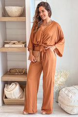 Camel Satin V Neck Jumpsuit With Pockets