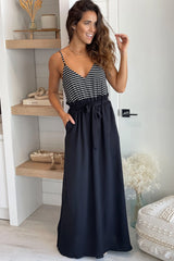 Black Striped Maxi Dress with Paper Bag Waistline