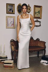 Toby Maxi Off White Satin Dress with Lace Up Back Scarf