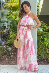 Pink Printed Palazzo Pants And Halter Top Set