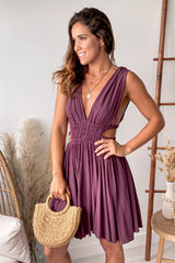 Wine V Neck Short Dress With Side Cutouts