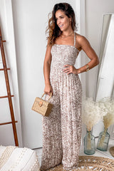 Taupe Printed Jumpsuit with Strappy Back