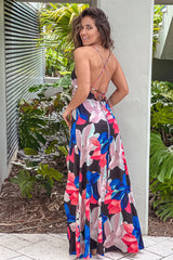 Black Floral Satin Maxi Dress