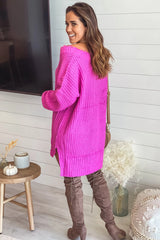 Raspberry Rose Frayed V Neck Sweater Dress