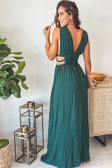 Hunter Green V Neck Maxi Dress With Cut Out And Slit