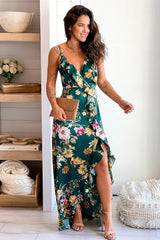 Emerald Floral Satin Ruffled Dress